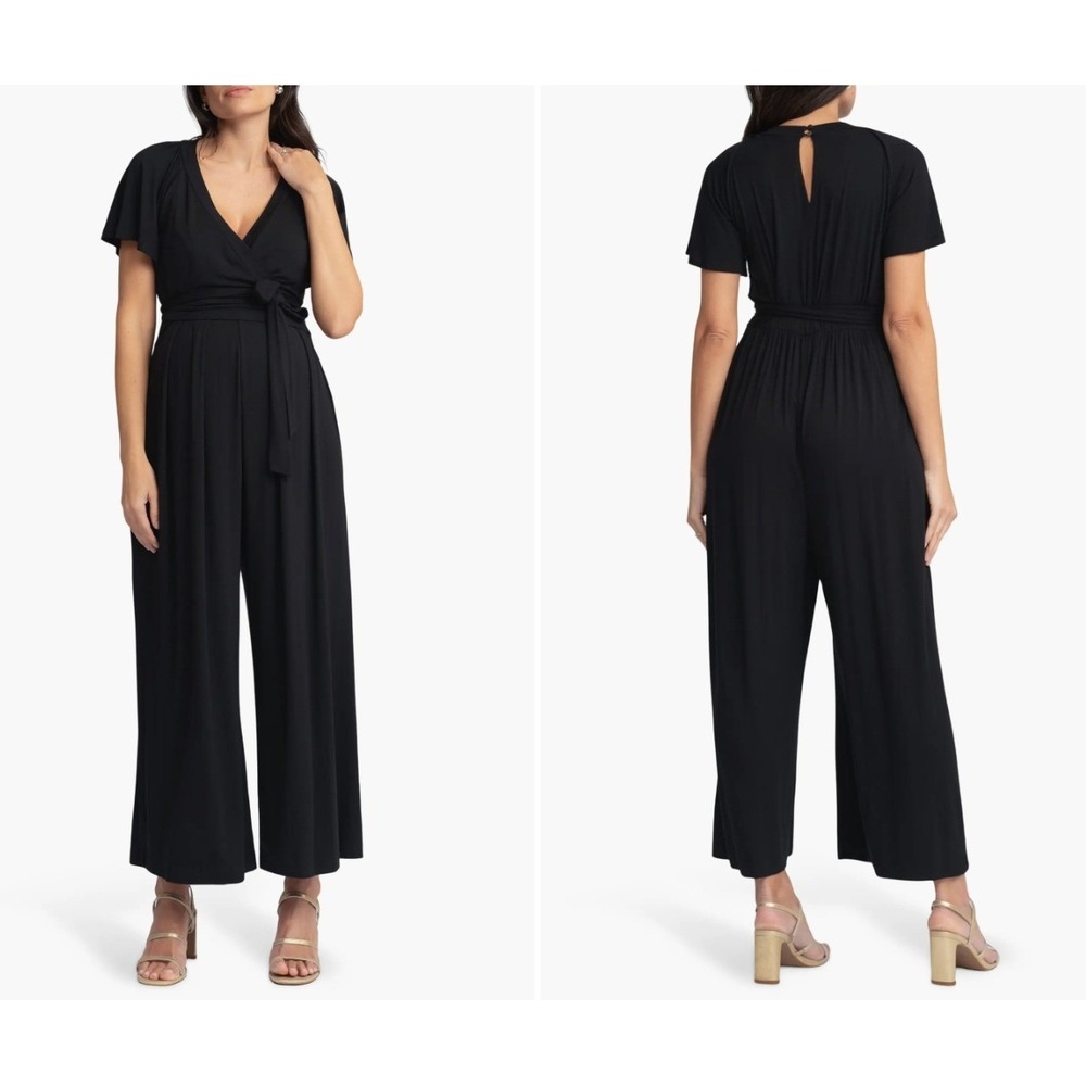 Seraphine Diona‎ Black Maternity Nursing Wrap Front Wide Leg Jumpsuit US 8 NEW